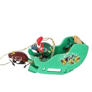 Vintage Jingle Bugs Pulling Green Sleigh Christmas Ornament Holiday Decoration